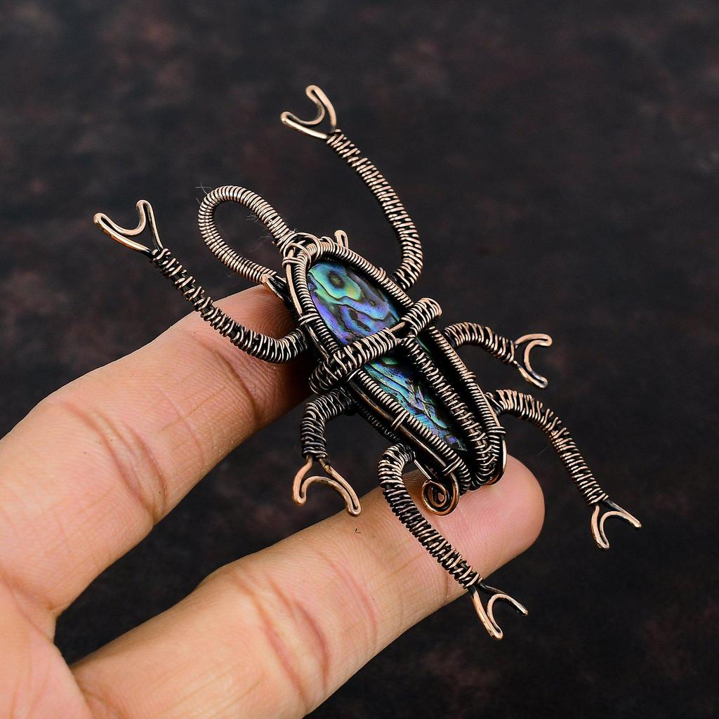 Abalone Shell Pendant Copper Wire Wrapped Pendant Beetle Pendant Wire Wrap Gemstone Jewelry Handmade Pendant Copper Jewelry Anniversary Gift