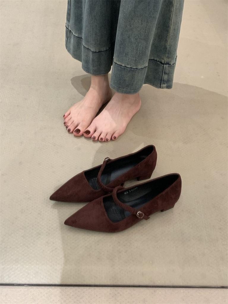 French thick heel pointed Mary Jane shoes 2025 new suede shallow mouth word with suede versatile single shoes