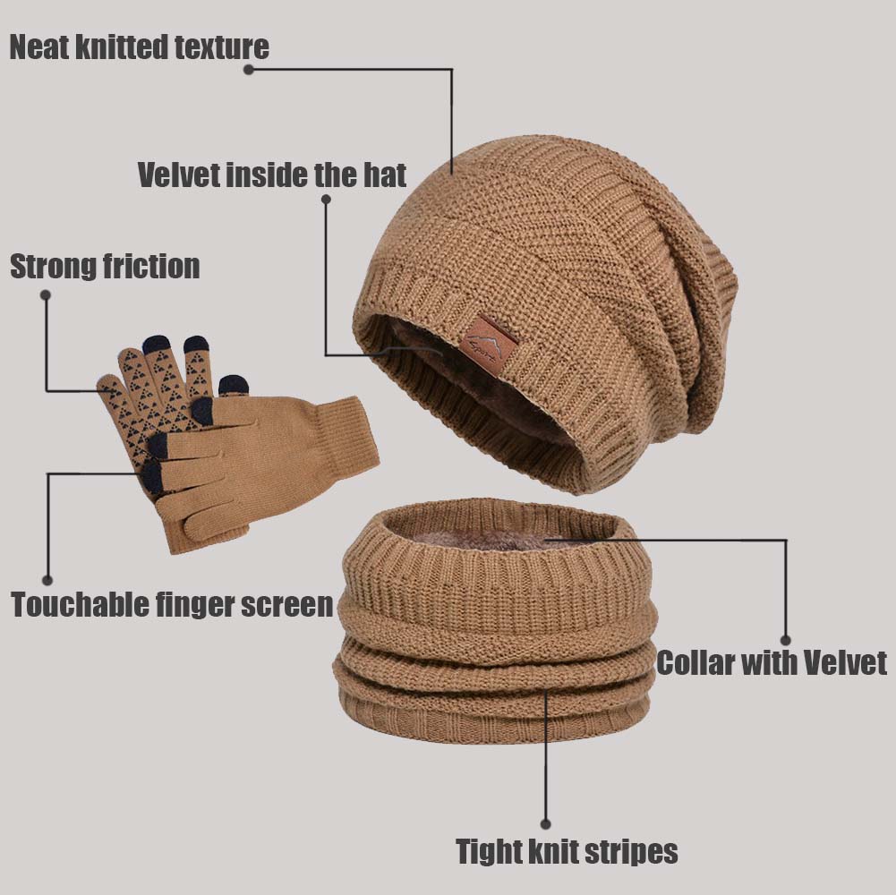 1 Sett Vinterlue Skjerf Hansker, Varm Strikket Vinterlue Berøringsskjermhansker Halsvarmer Sett Passer for Både Menn og Kvinner Voksne
