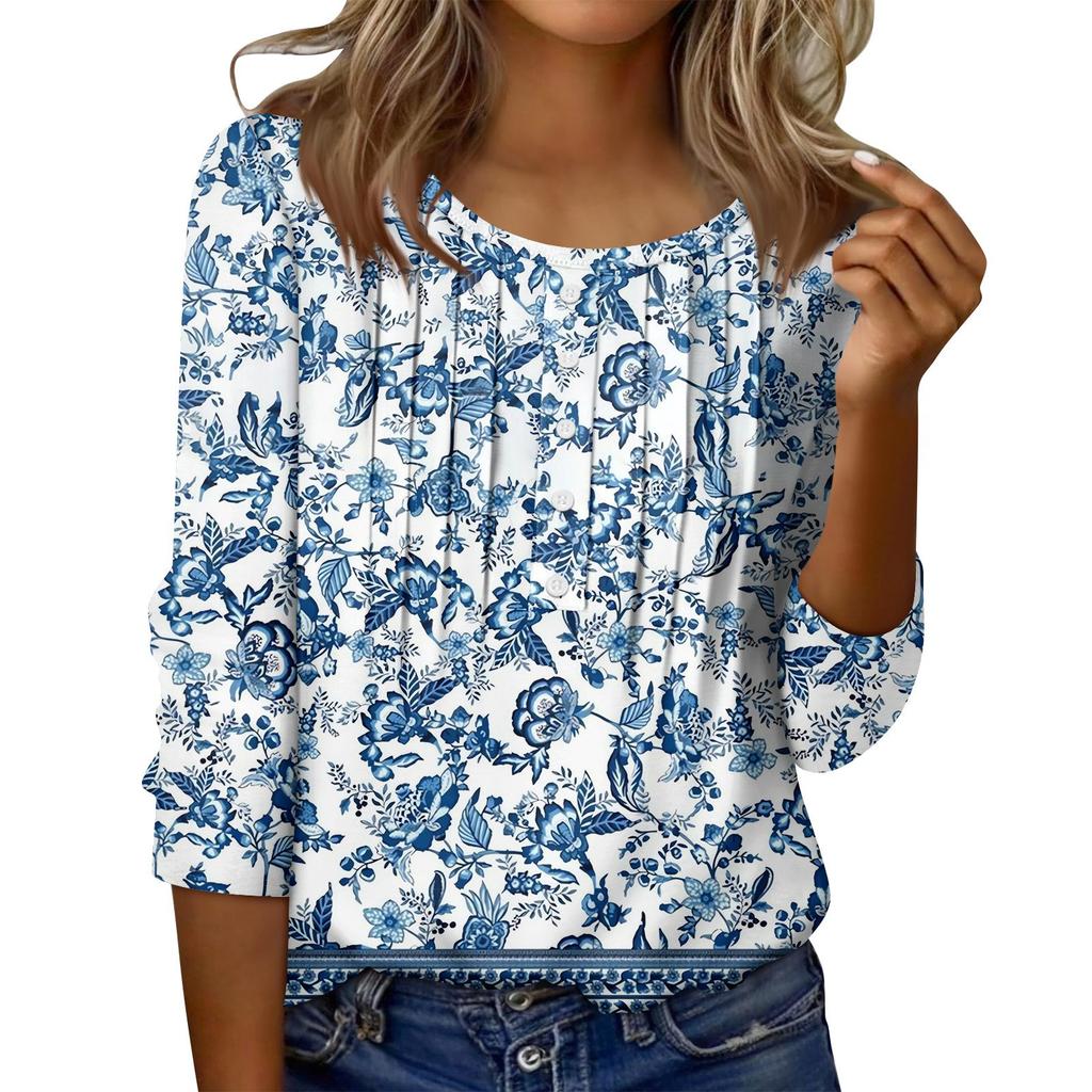 Women's Round Neck Pull Stripe Decorative Button Top Casual Solid Color 3/4 Sleeve T Shirt