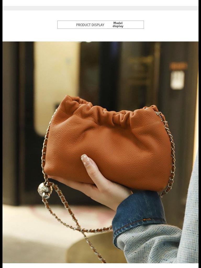 Women's Genuine Leather Cloud Pleated Shoulder Bag with Golden Ball Detail