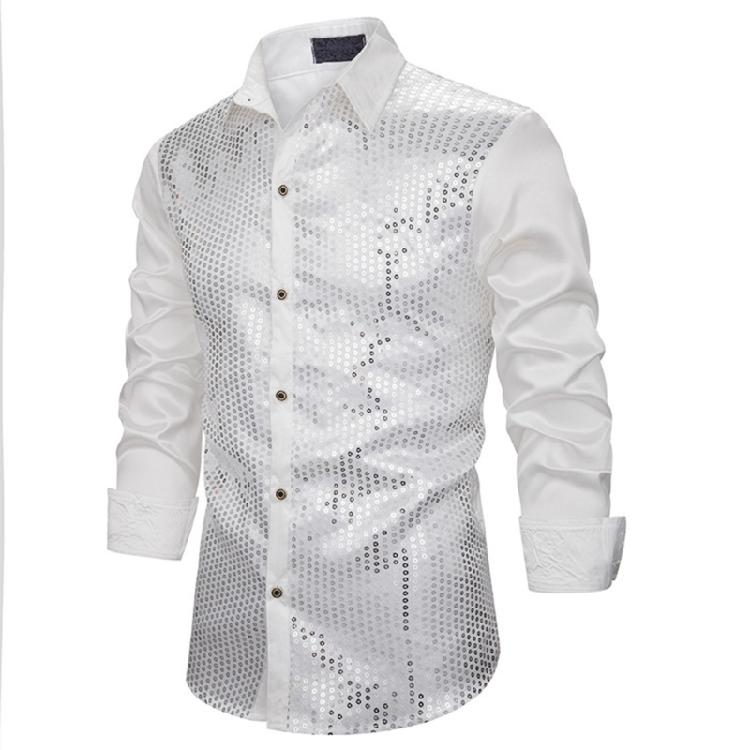 Men's Shines Sequins Long Sleeve Button Down Shirt for Halloween Cosplay 70s Disco Party Dress Shirt