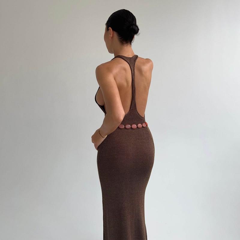 Womens Sleeveless Knit High-Waist Bodycon Midi Dress With T-Back Detail 2026 Casual Fit