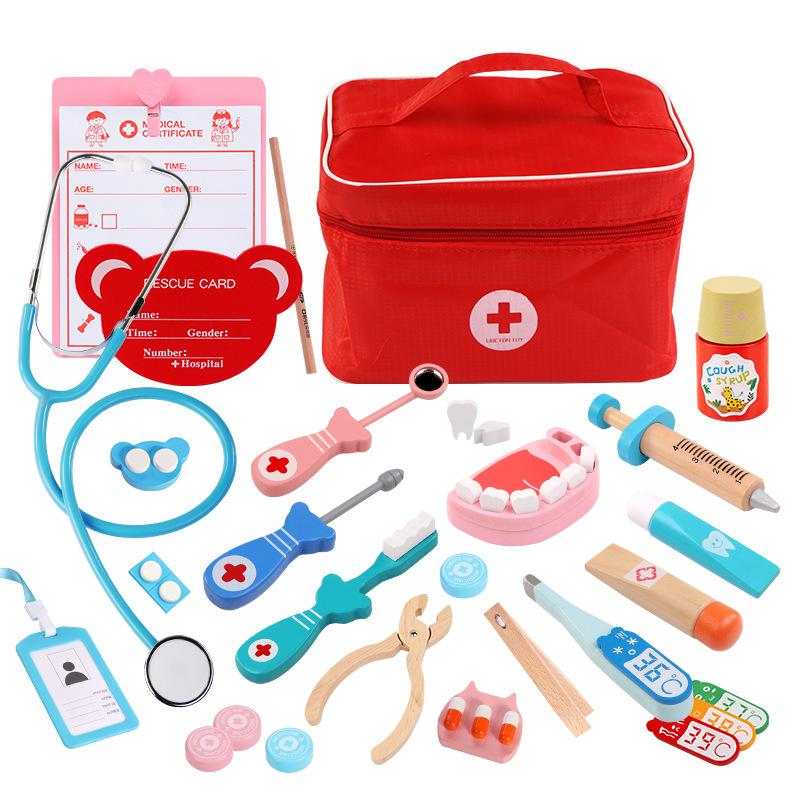 Wooden Children's Cloth Bag Nurse Medicine Box Doctor Injections Boys and Girls Birthday Gifts Simulation Play House Toys