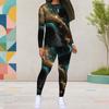 Women Plus Size Round Neck Long Sleeve Red Black Printed Fitted Pants Two Piece Set