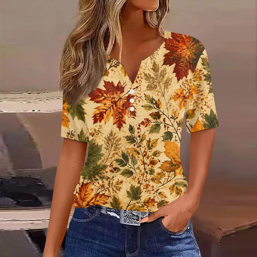 Damen Casual Kurzarm Hemdbluse mit Knopfleiste und Ahornblatt-Print