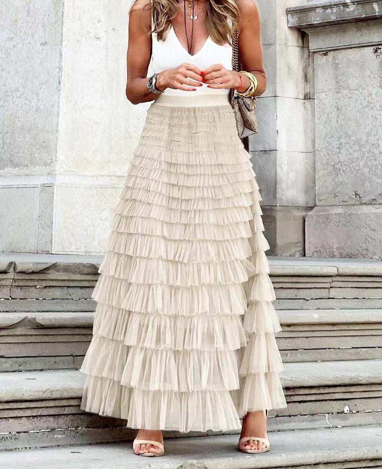 

Однотонная многослойная сетчатая юбка с оборками, женская длинная юбка из тюля с высокой талией в стиле бохо, женская одежда для вечеринок на весну и лето One Size бежевый