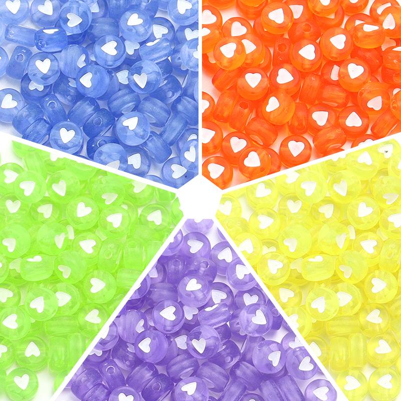100pcs 7mm Acrylic Heart Beads Colorful Transparent Flat Round Loose Beads For Jewelry Making DIY Bracelets Necklace Accessories