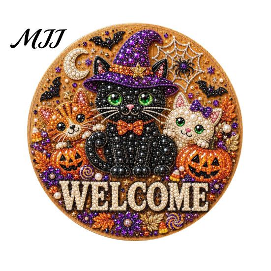 Cat Welcome Sign Kit Halloween Faux Pearl Door Kit, Ghost Skull Skeleton Crafts Handmade Painting Arts for Wall Decoration DIY Art