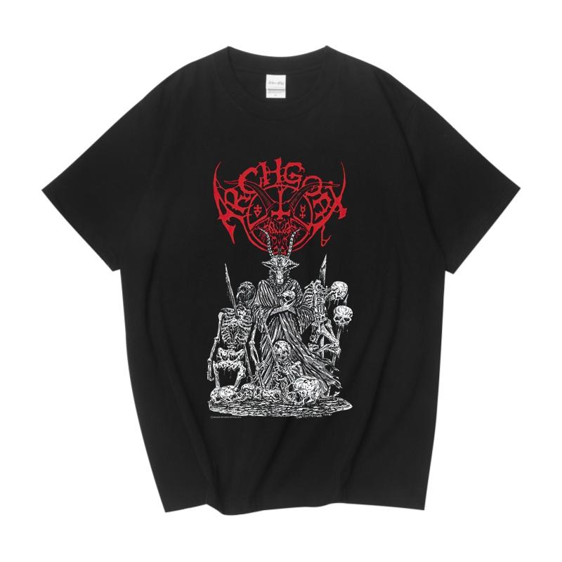 T-shirt a maniche corte in cotone larga, stile rock dark, correlata a band finlandese di death black metal, capra dell'arcata