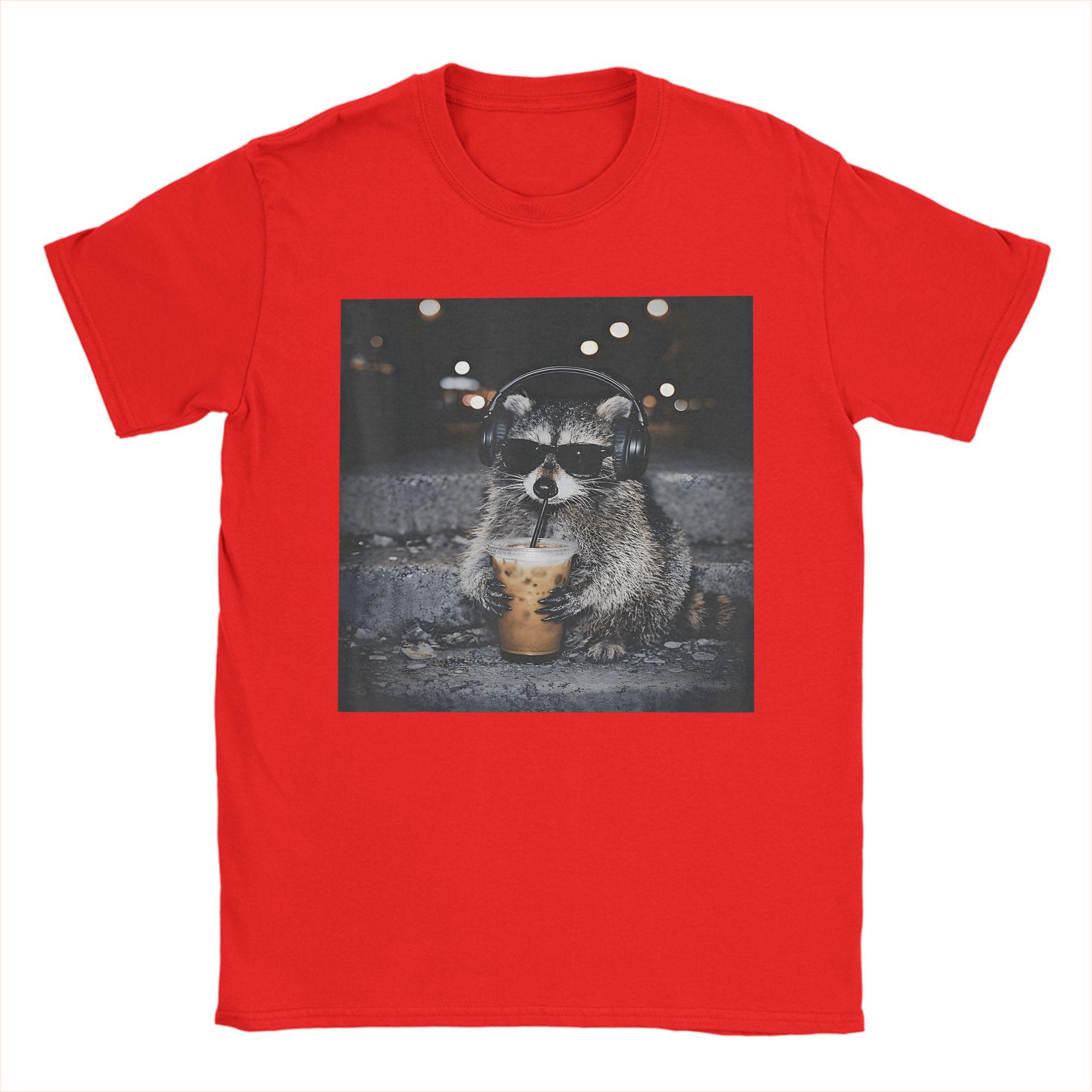 Raccoon Drinking Iced Coffee Funny Animal Meme TShirt Summer Pure Cotton TShirts For Unisex Fashion Design Tshirt Short Sleeve S