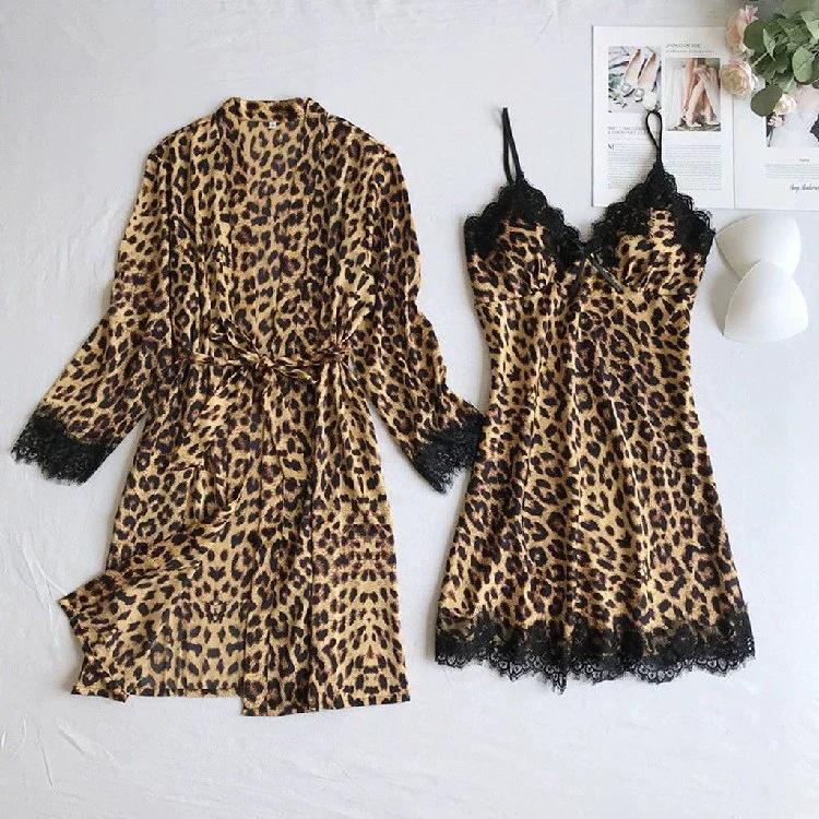 Europäisch-Amerikanisches Schwarzes Leopardenmuster Pyjama-Set mit Spitzenbesatz