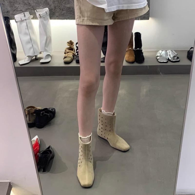 Sheepskin version~ Design sense net boots leather wide tube hole western boots women's retro hollow breathable Maillard cool boots
