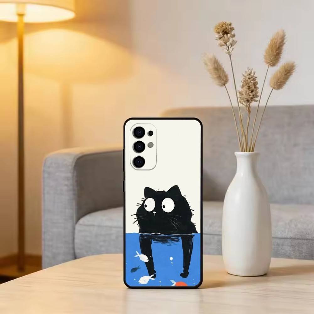 Cute Black Cat Illustration Phone Case For Samsung S25,S24,S21,S22,S23,S30,Ultra,S20,Plus,Fe,Soft Silicone Black Cover