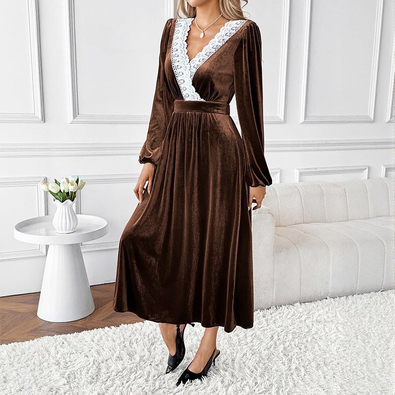 Elegant Velvet Long Sleeve Midi Dress With Lace Panel V-Neck A-Line Womens Winter 2026