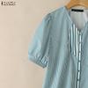 ZANZEA Women Casual V-Neck Loose Half Sleeve Stripe Blouse