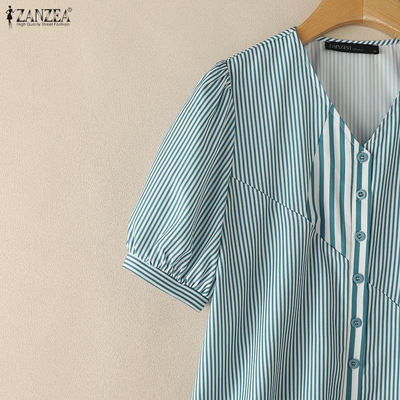 ZANZEA Women Casual V-Neck Loose Half Sleeve Stripe Blouse