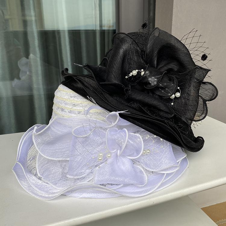 Elegant Sunshade Derby Hat - Breathable Organza Flower Lace Bucket Hat with Imitation Pearl Decorative Accents for Women