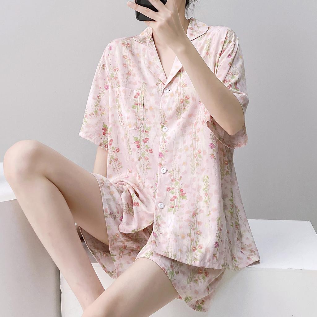Summer cotton silk pajamas women's thin short-sleeved cardigan cute bow can be worn outside artificial cotton loungewear set