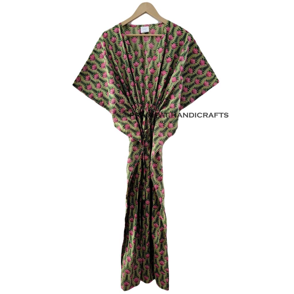 Damen Blumenmuster Hippie Grün Baumwolle Maxi Strandüberwurf Zigeuner Kaftan Kleid CKFTN-SCRN-FULL-BUYIT-153