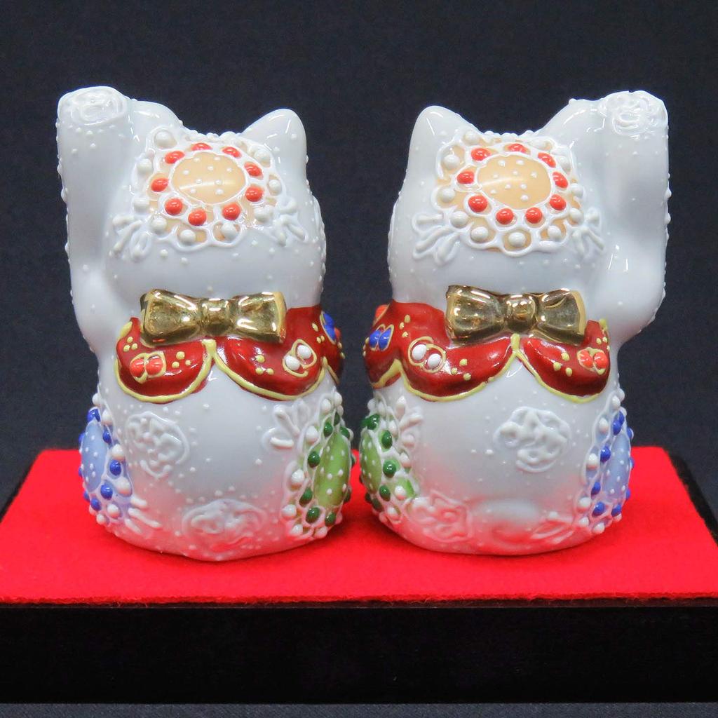 Waza no Kura Maneki-neko Figurines, Kutani Ware, Pair, White, Ceramic, Business Prosperity Item, Feng Shui Goods