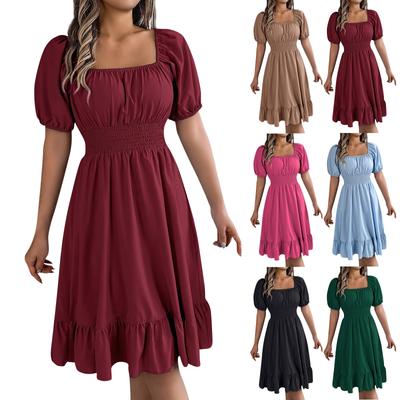 Women's Fashionable Retro Solid Color Square Collar Fungus Hem Waist A-line Long Skirt Short-sleeved Dress