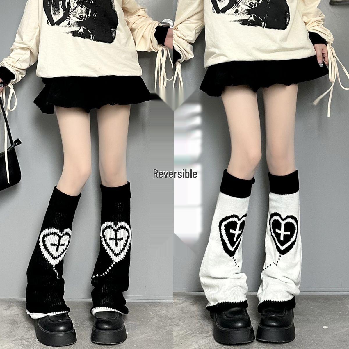 Y2K Black Heart Leg Warmers for Women - Sweet, Cool, Wide-Leg JK Style for Autumn & Winter чёрный