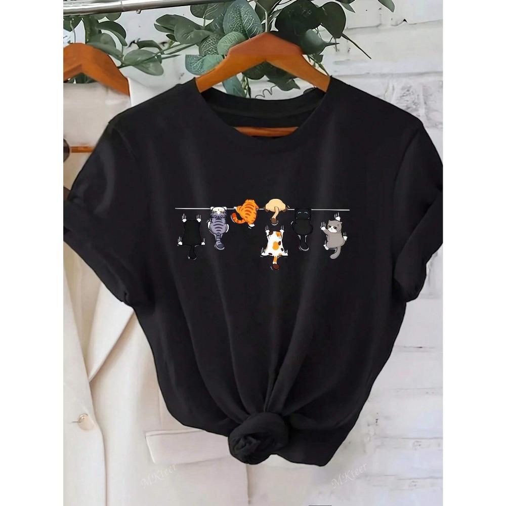 Women's Cute Cat Print Round Neck Short Sleeve Casual T-Shirt White Short Sleeve with Unique Cat Print Clothing Tee Female Tops