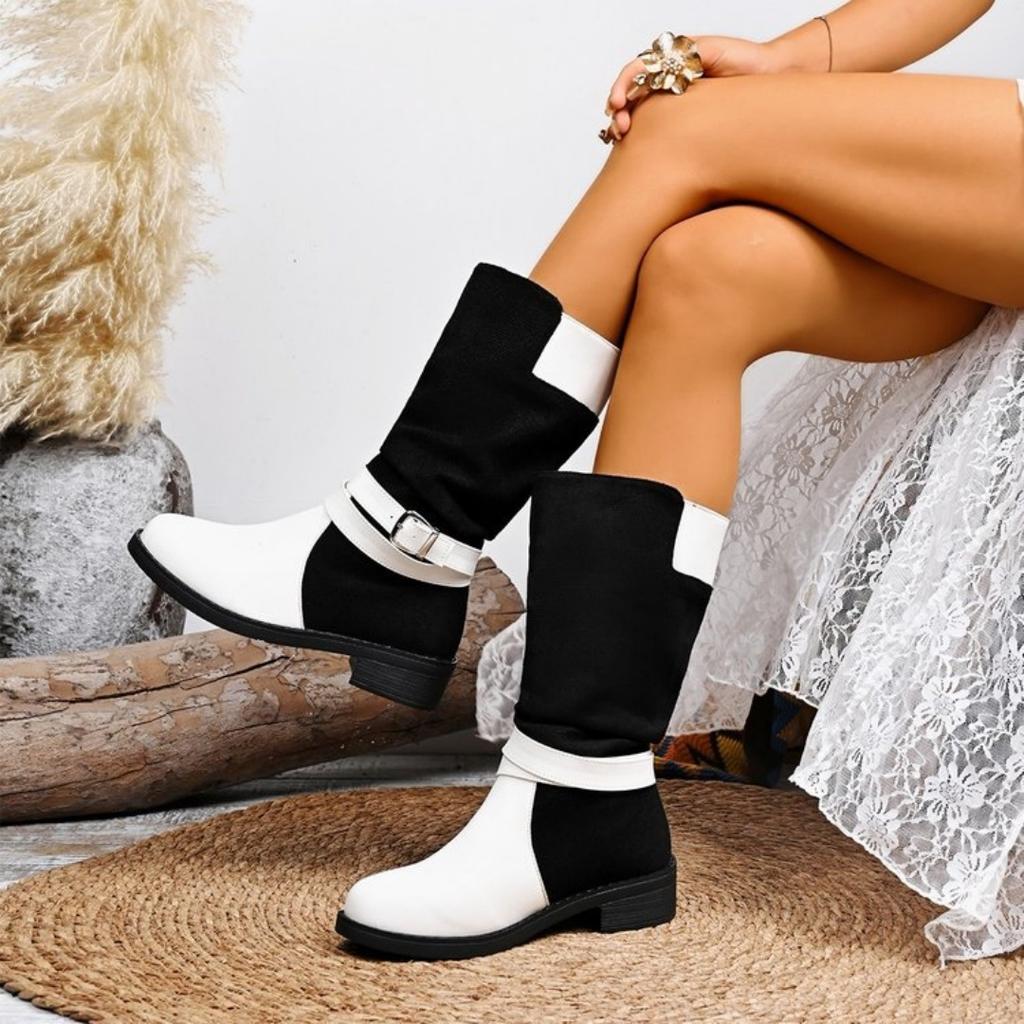 Fashion Women's Large-sized Black and White Patchwork Thigh-high Knee-length Fashion Boots 2025 autumn/Winter Round-toed Boots