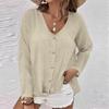 Women's Fashion Casual Solid Color V-Neck Live Button Long Sleeve T-Shirt Top