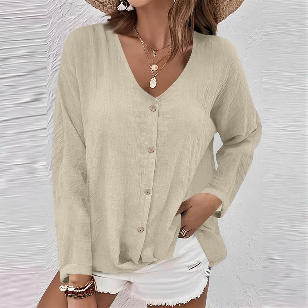 Women's Fashion Casual Solid Color V-Neck Live Button Long Sleeve T-Shirt Top