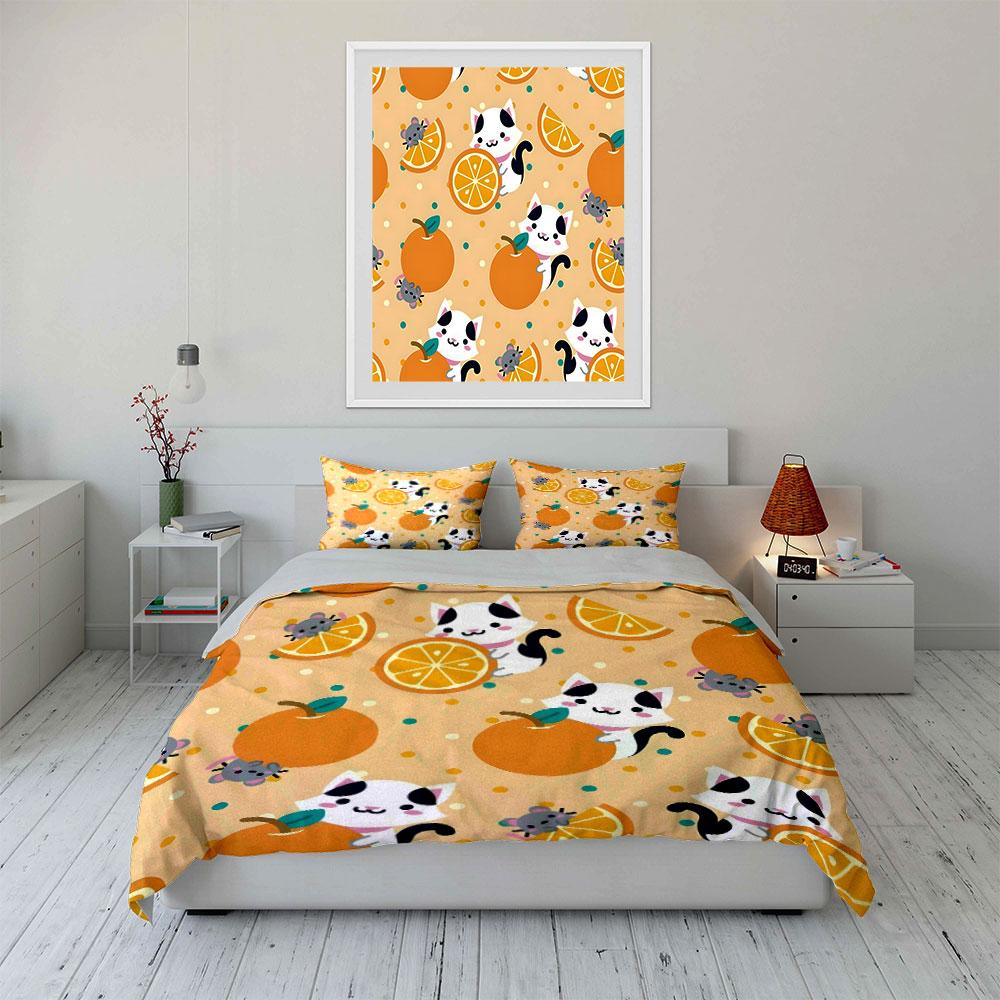 Cat and Orange Cartoon Pattern Bedding Duvet Cover Set (1*Duvet Cover 2*Pillowcases, Without Duvet Insert)