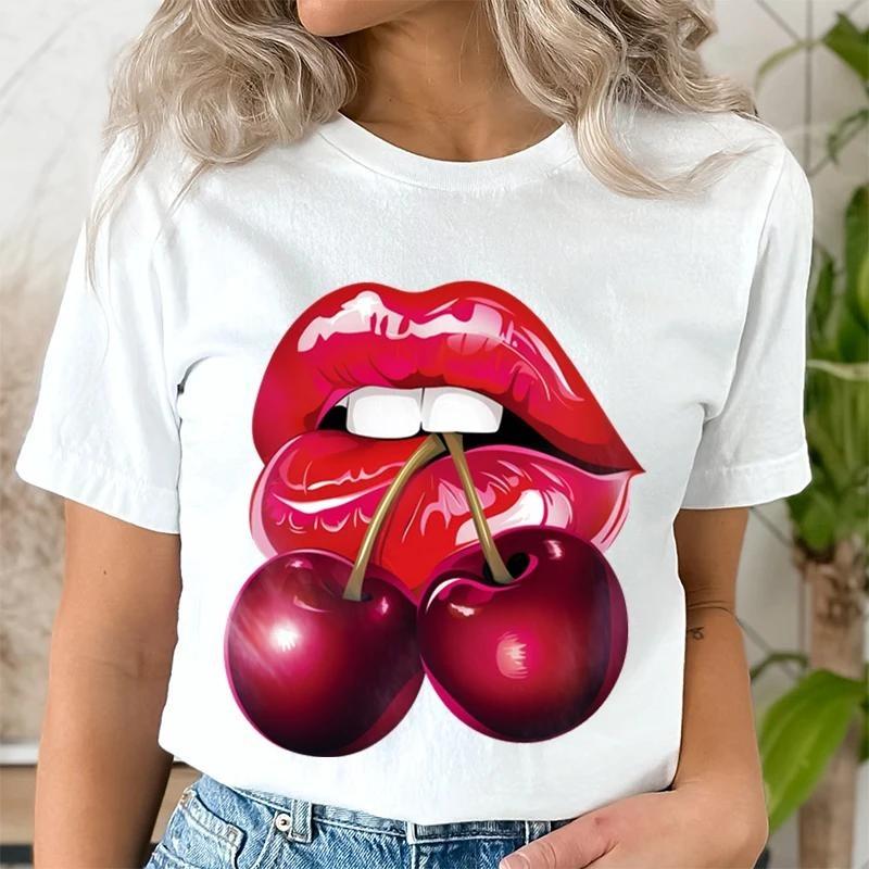 Summer Fashion Women's T-Shirt Lips Cherry 3D Printed Short Sleeve Tops Girl Loose Casual Loose Oversize Outdoor Clothing