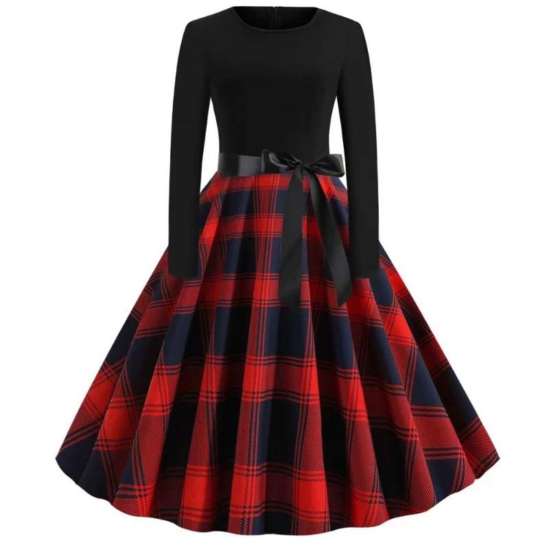 YYFS Women's Fashion Spring Fall Plaid Print Long Sleeve O-Neck High Waist Casual Dresses