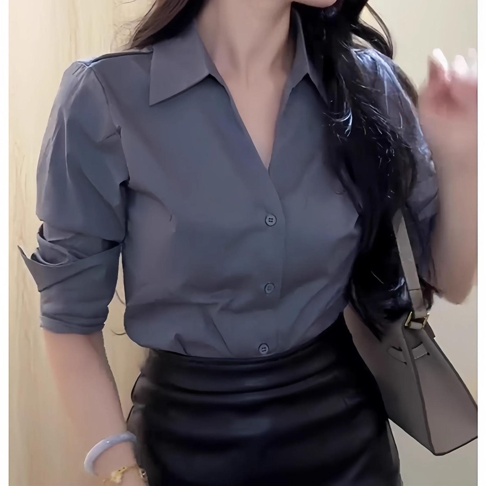 2026 spring and autumn Korean royal sister wind polo collar long-sleeved shirt top women s clothing design sense hip skirt set S