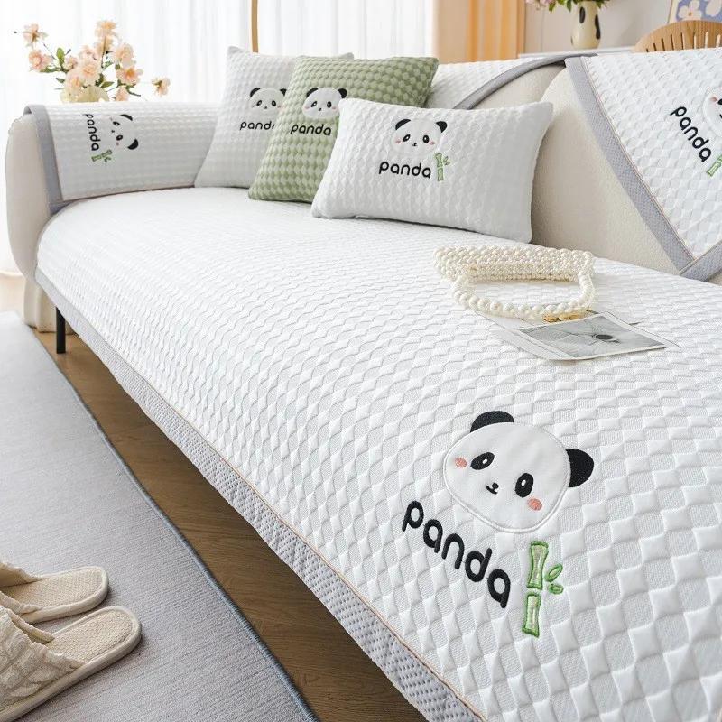 Summer Panda Head Embroidered Ice Silk Sofa Mat Anti Slip Modern Minimalist Seat Cushion Armrest Combination Covers