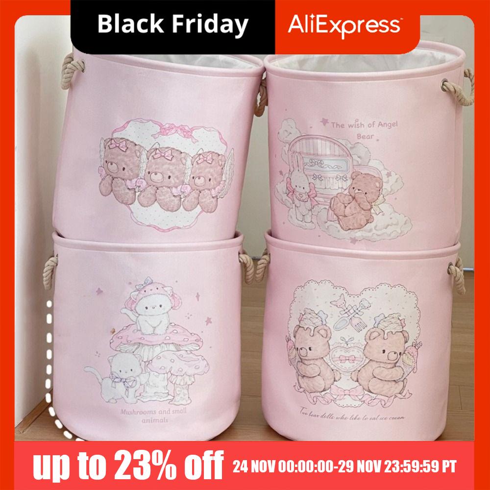 Cotton Linen Dirty Clothes Basket Cartoon Round Shape Toys Storage Basket with Handle Space Saving Sundries Storage Basket