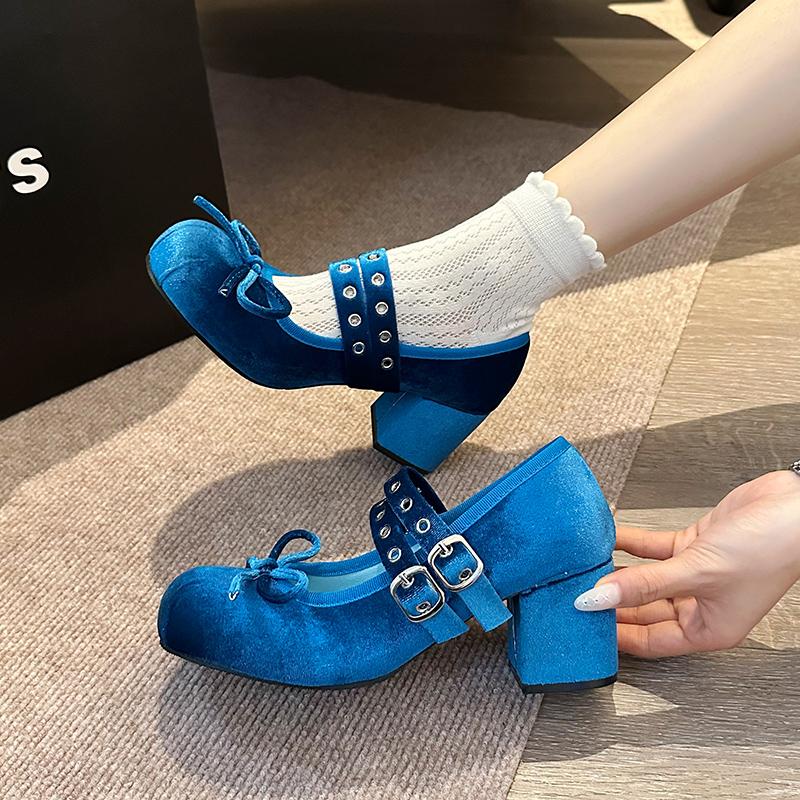 Mary Jane Single Shoes Spring New Round Head Shallow Mouth Suede Bow Rivets Line with Non-slip Thick Heel Shoes