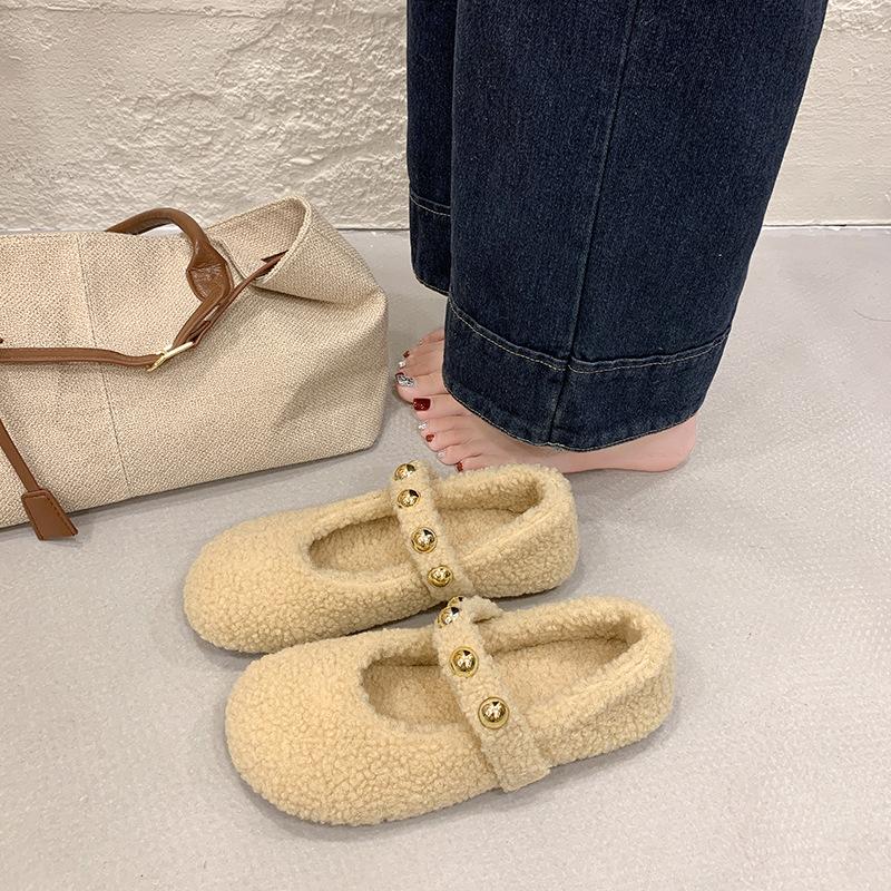 Flat bottom fluffy shoes women's autumn and winter fashion shallow mouth velvet Mary Jane shoes cotton shoes