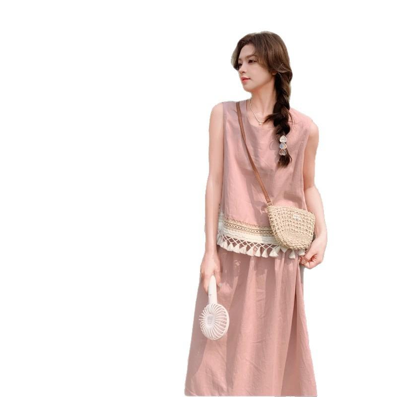 Pink Salt Sweet Wear with Fringed Sleeveless Vest Set Women's Summer New Fashion Skirt Two-piece Set