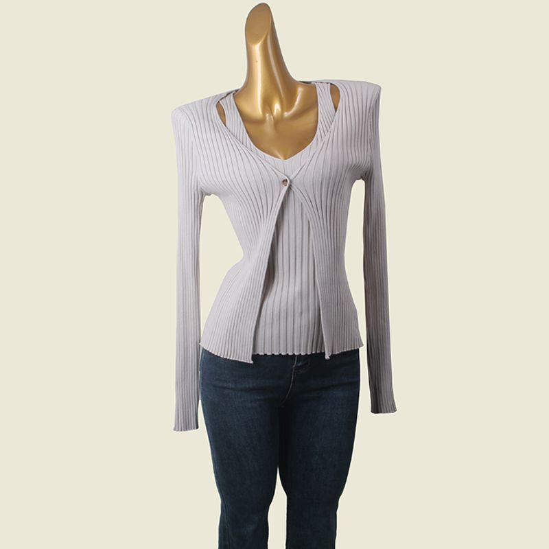 

Foreign Trade Original Order Sunken Stripe Long Sleeves Knit Two-Piece Suit Casual Elegant Outer Wear Cardigan Vest + Cardigan L