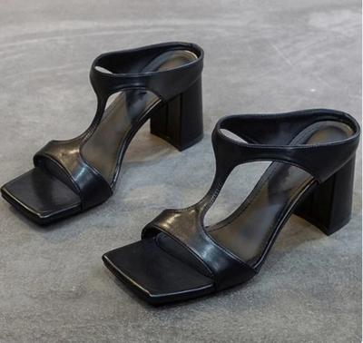 Fashion Women's High Heel Shoes 2024 Summer New Slippers Fashion Versatile Solid Color Medium Heel Thick Heel Square Toe Sandals Women