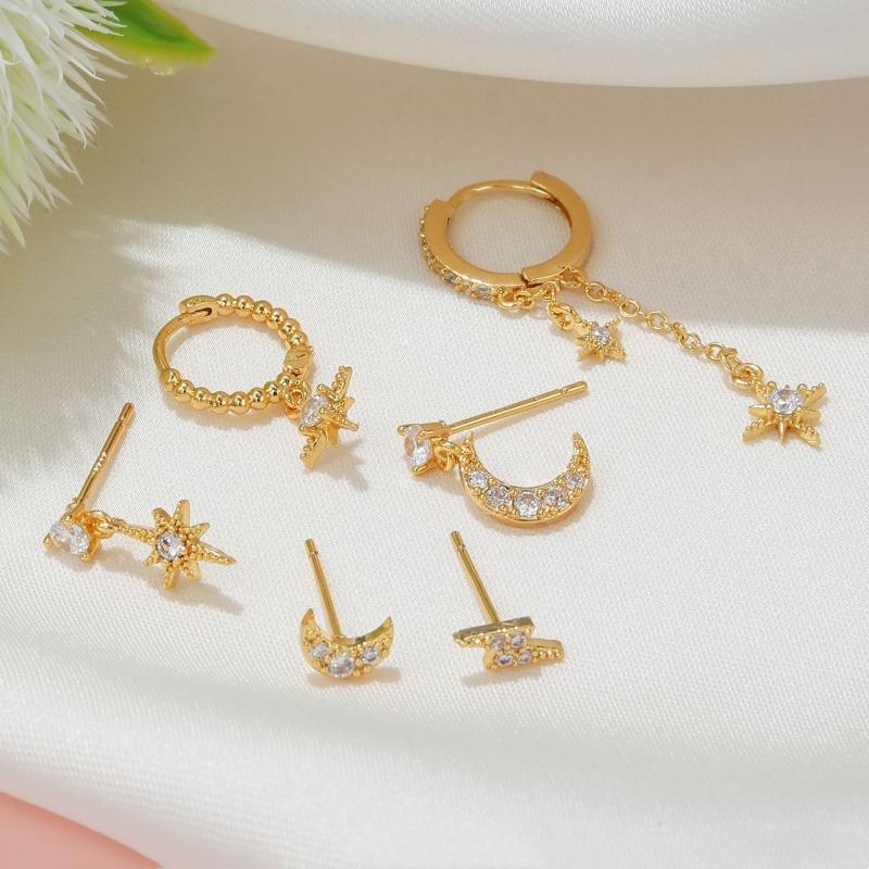 Design Stainless Steel Cubic Zirconia Chain Hoop Earring For Women Star Moon Pendant Punk Cartilage Piercing Jewelry