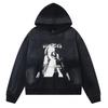 Mens Oversized Streetwear Hoodie With Distressed Zipper Graphic Print Cotton Long Sleeve Pullover Casual Wear
