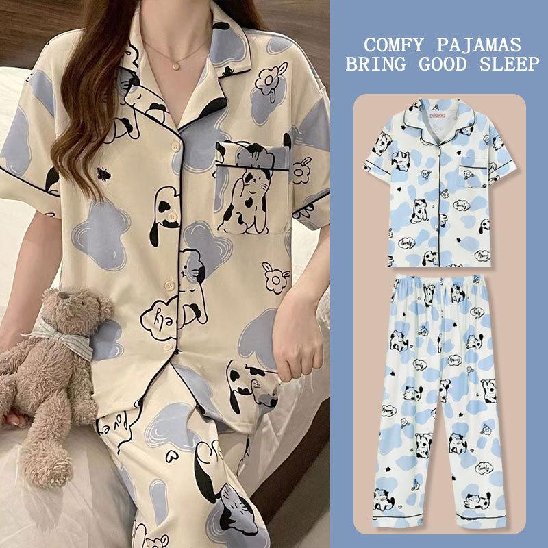 Recommended Pajamas Female Cute Cartoon Kitten Short-Sleeved Trousers Lazy House Cardigan Loungewear Can Be Worn Outside