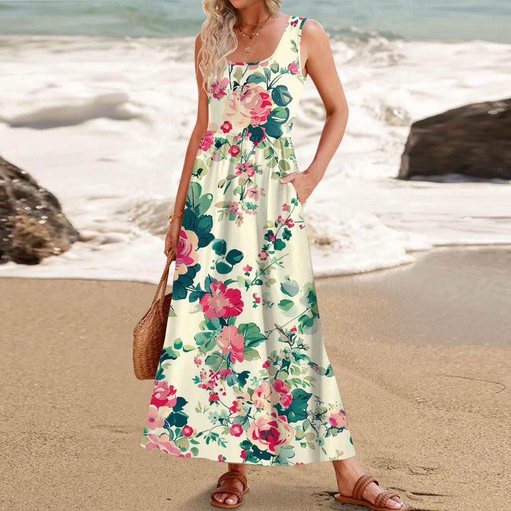 Women's 2025 Summer Maxi Tshirt Dress - Tie Waist Sleeveless Tank Long Beach Dresses Casual Slim Fit