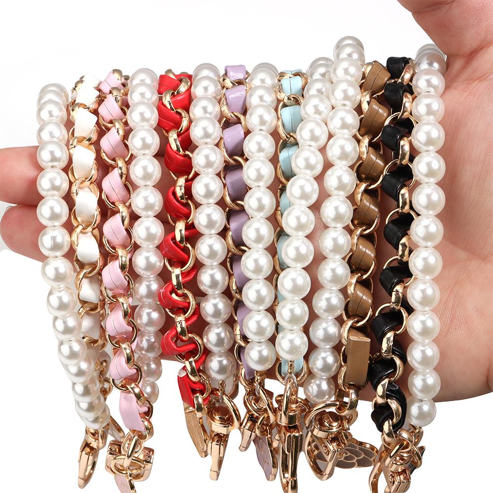 1Pc Colored Leather Imitation Pearl Chains 26cm Exquisite Camellia Phone Lanyard Extention Chain For DIY Handbags Keychain Decor