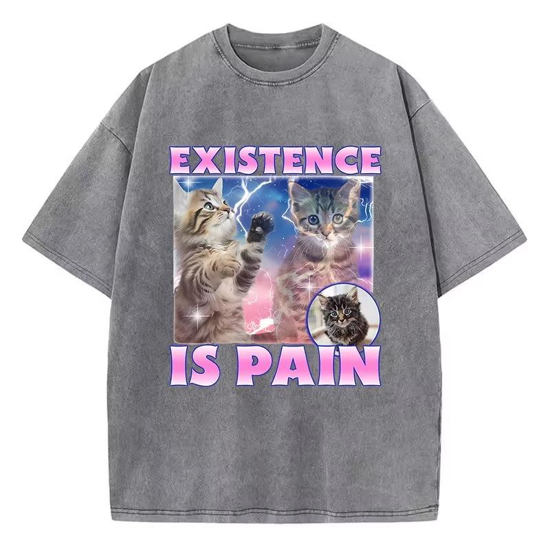 Existence Is Pain Cat T Shirt Vintage Washed 100% Cotton T-Shirt Graphic Tee Casual Streetwear for Spring Summer Fall