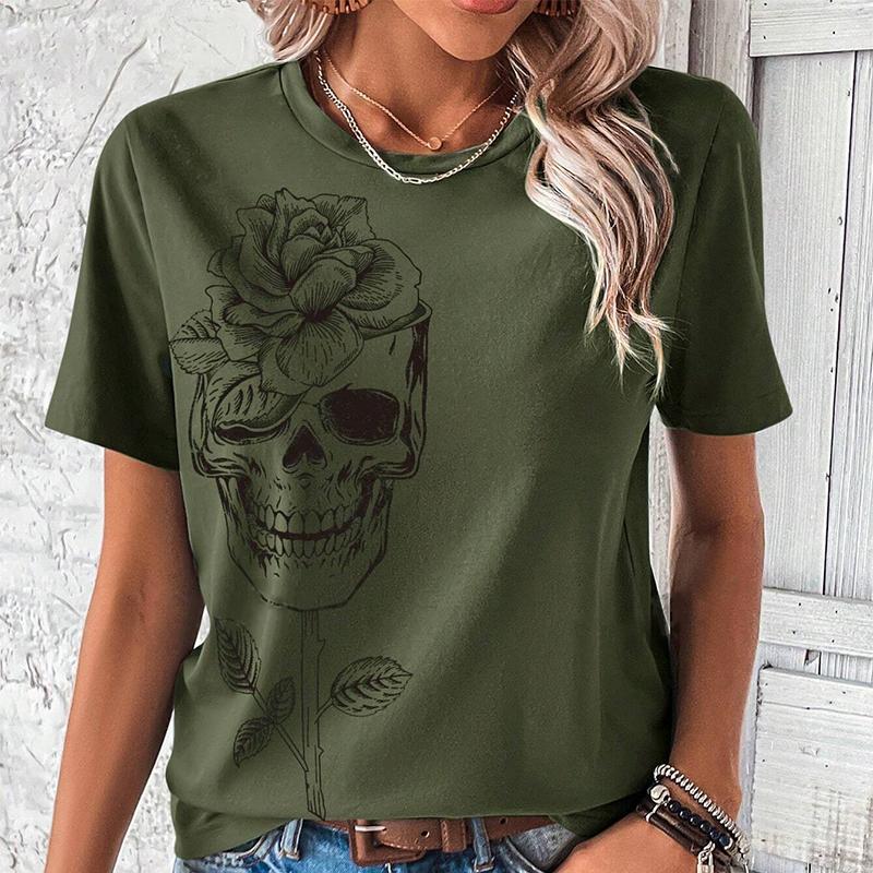 Fashion Women Creative Skull Rose Letter Turtle Cross Flower Print T Shirt Funny Casual O-neck Short Sleeves T-shirt Summer Female Tee Shirt
