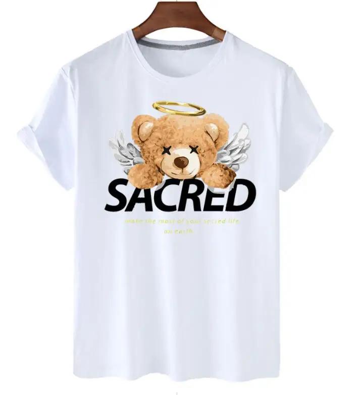 plus Size Trendy Teddy Bear Graphic Tee Casual Short-Sleeved T-Shirt Polyester Fabric Summer Top for Men